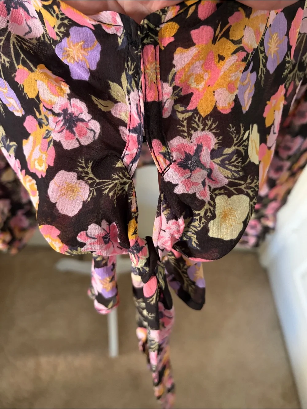 Free People Black Blouse with Pink, Purple & Yellow Floral Print Tie Front